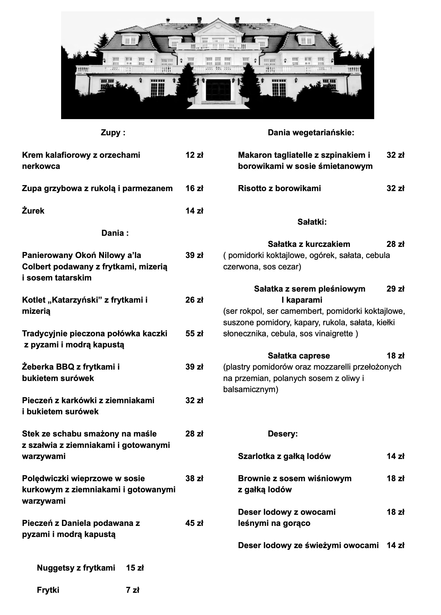 Karta dań w restauracji Dworek Katarzynki obok Poznania, najlpeszego miasjca na spędzenie weekendu